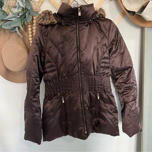 Laundry By Shelli Segal Brown Quilted Puffer Coat with Faux Fur Hood